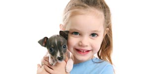 Girl hugging puppies